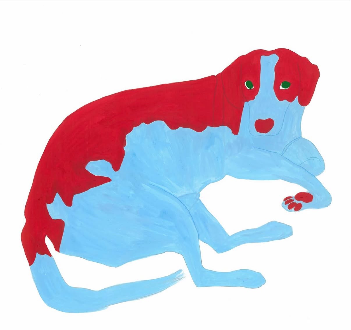 A blue dog curled beneath a red blanket