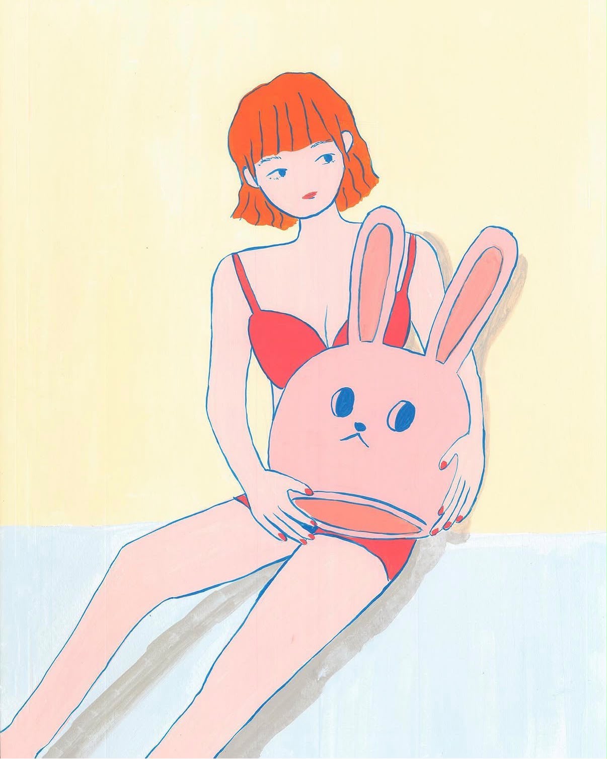 A red-haired girl holding a large pink rabbit