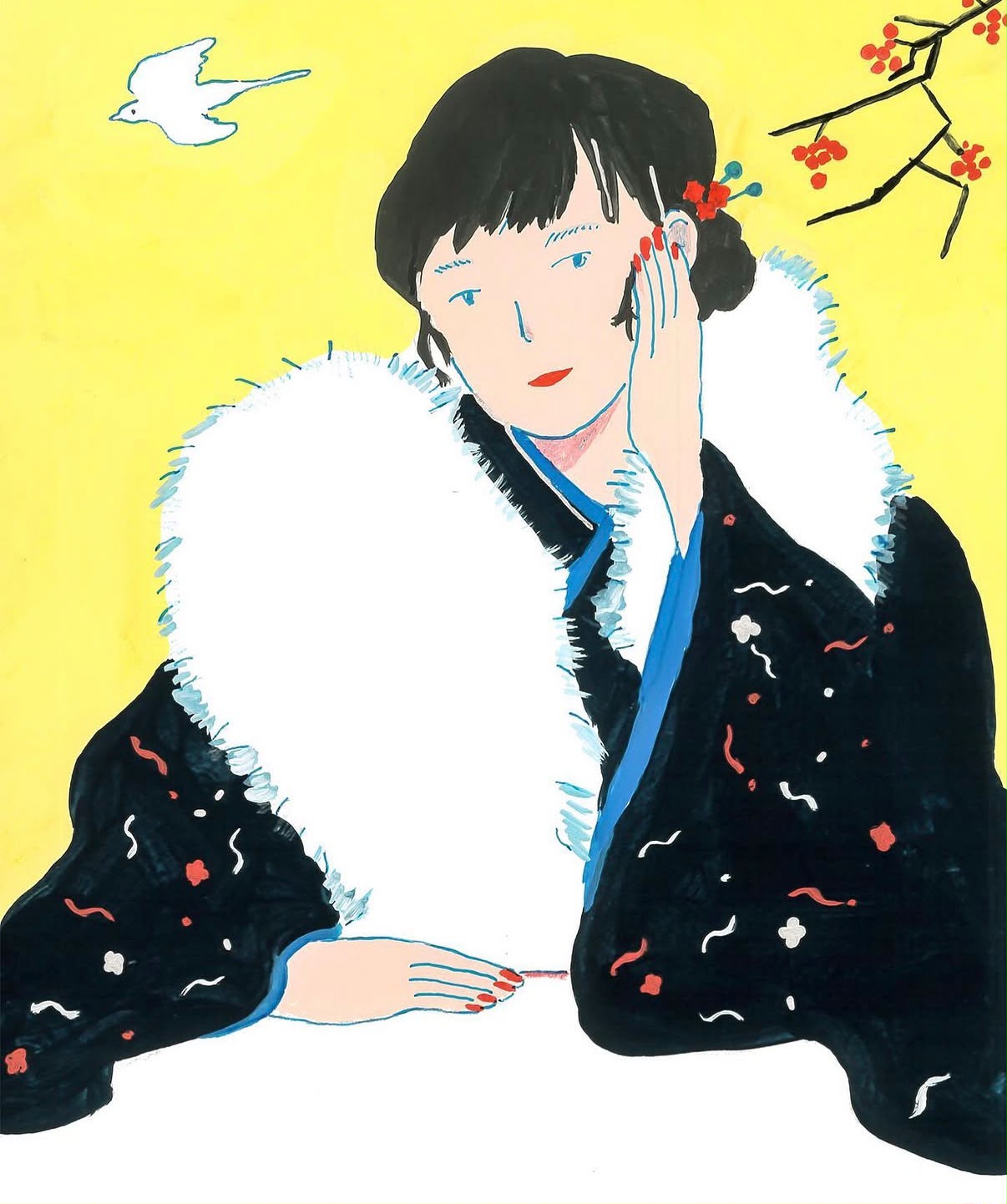 A woman in a dark kimono against a bright yellow background