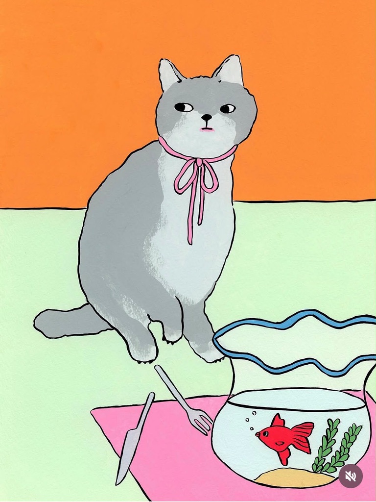 A grey cat beside a goldfish bowl on a bright orange and mint background