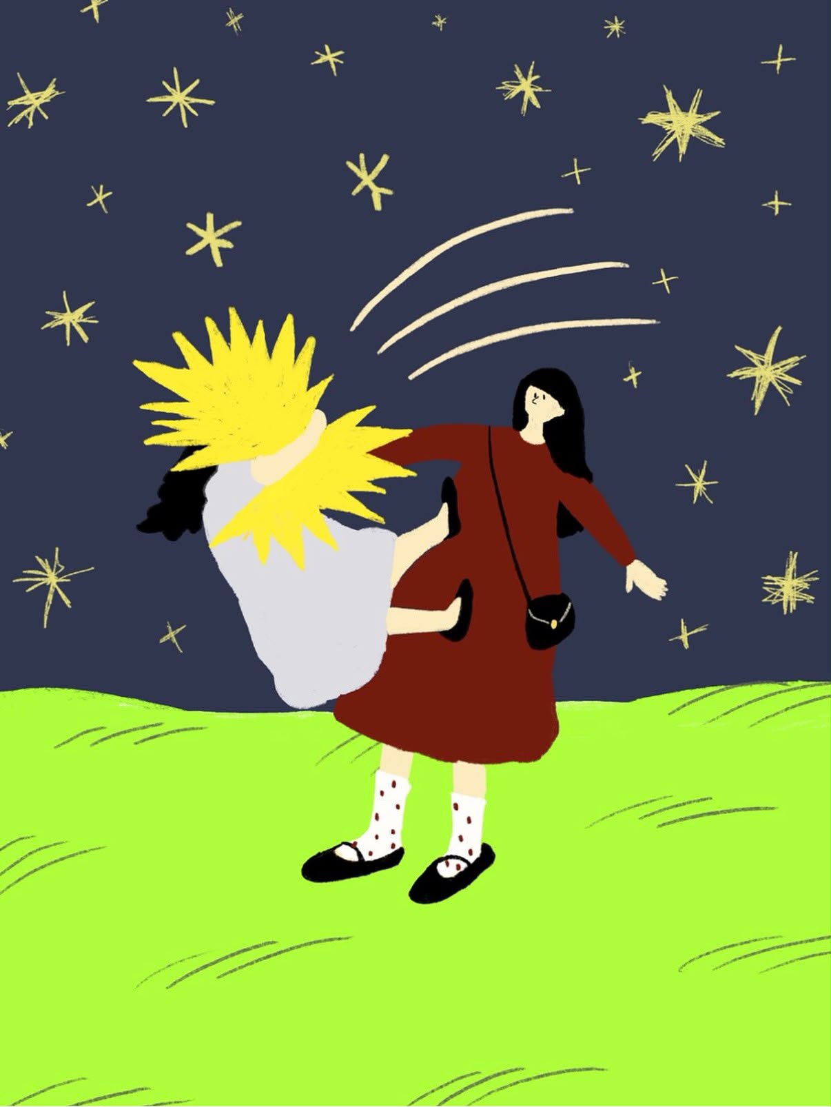 A figure holding a large yellow flower beneath a starry night sky