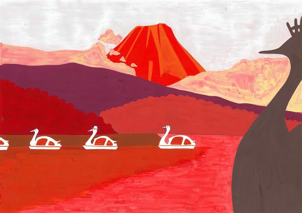 Pink swans on red water with Mount Fuji in the distance