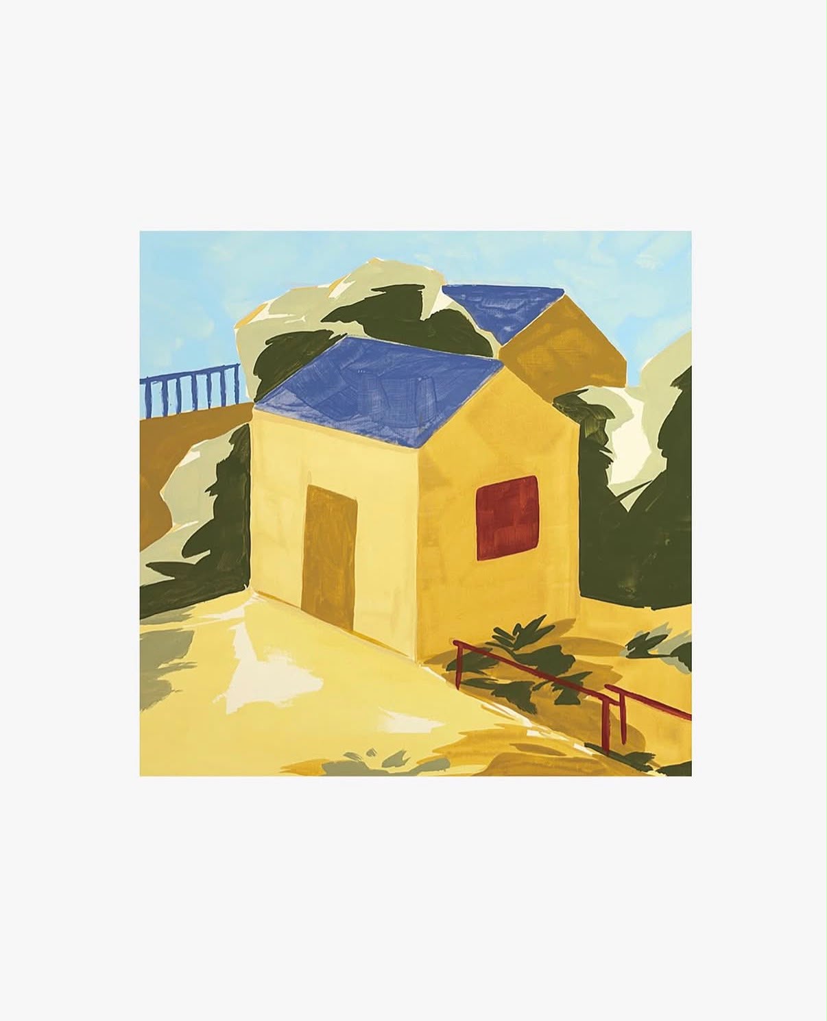 A sunny yellow house among trees and blue sky