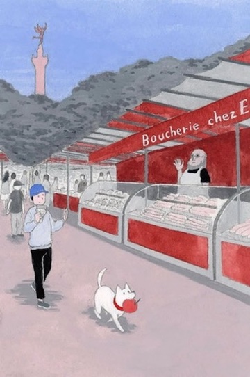 A small white dog walking through a pink Paris market scene