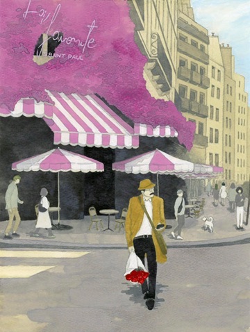 A person carrying flowers past a pink Paris shopfront