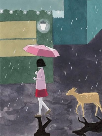 A girl with a pink umbrella walking beside a deer in the rain