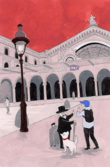 A pink Paris train station with two travellers and a white dog