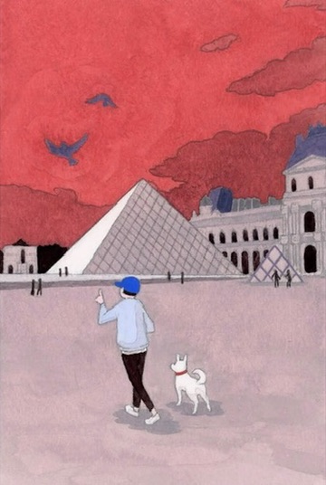 A person and a white dog walking toward the Louvre beneath a red sky