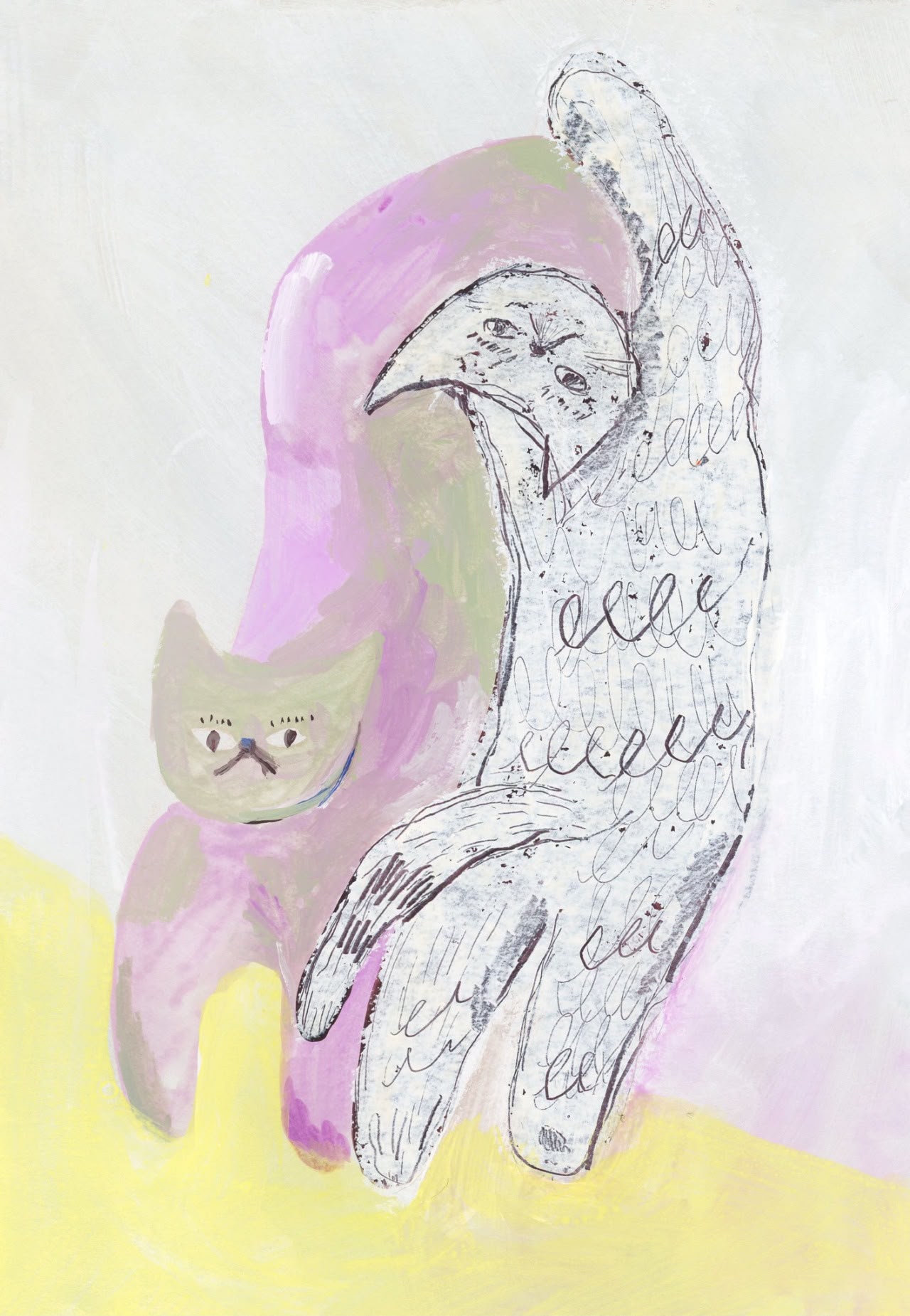 A cat and a large bird sharing a loose pastel drawing