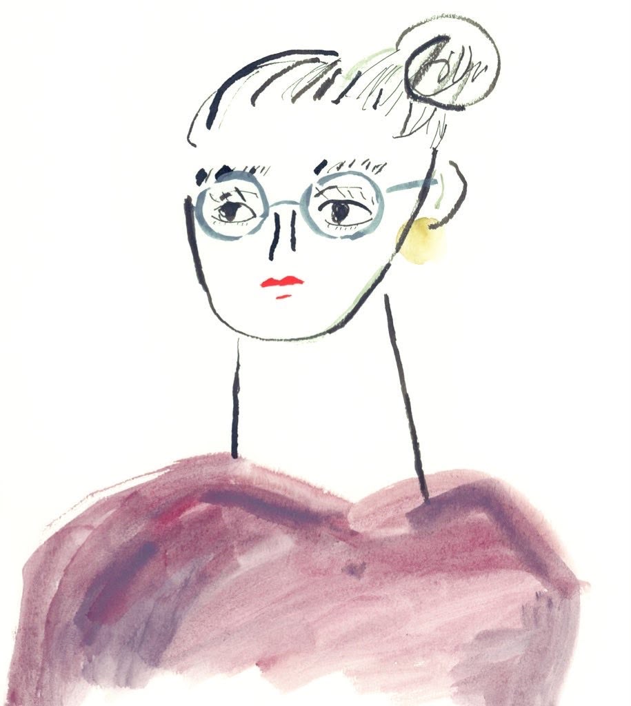 A loose portrait of a person with glasses and a mauve sweater