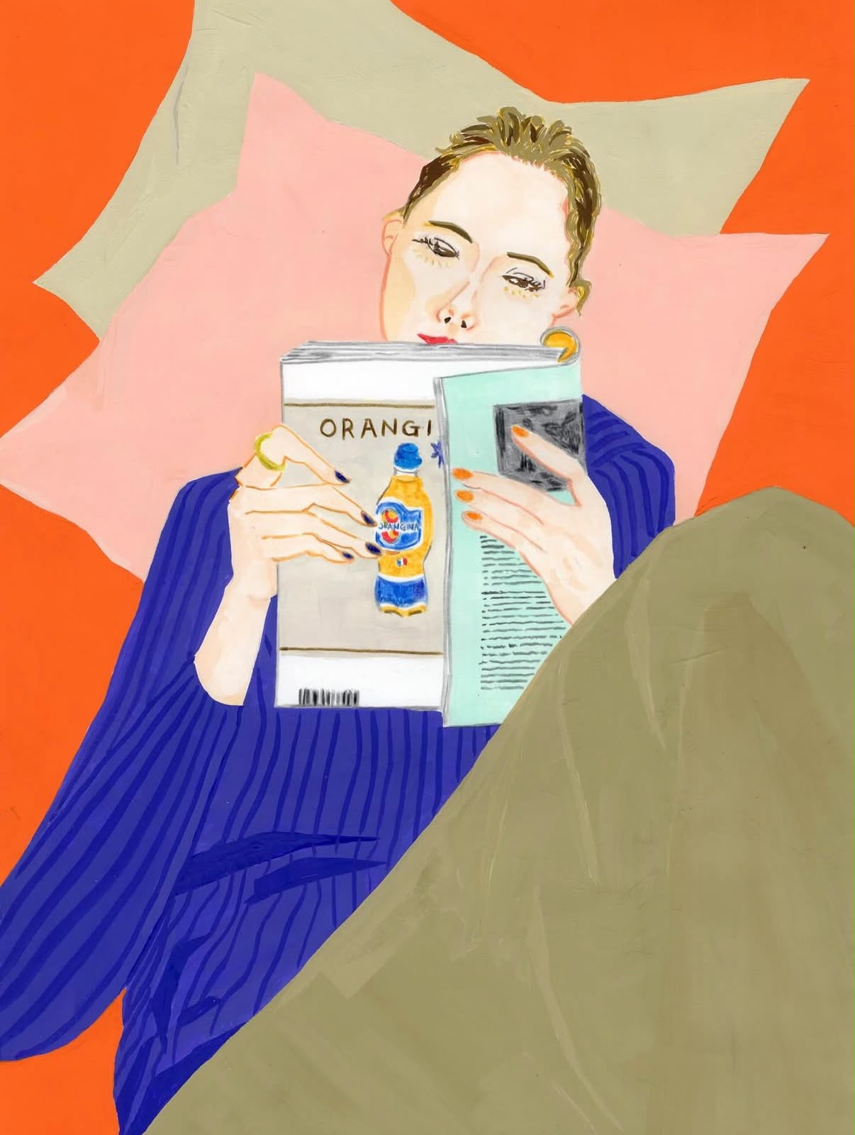 A person reading on a sofa against an orange background