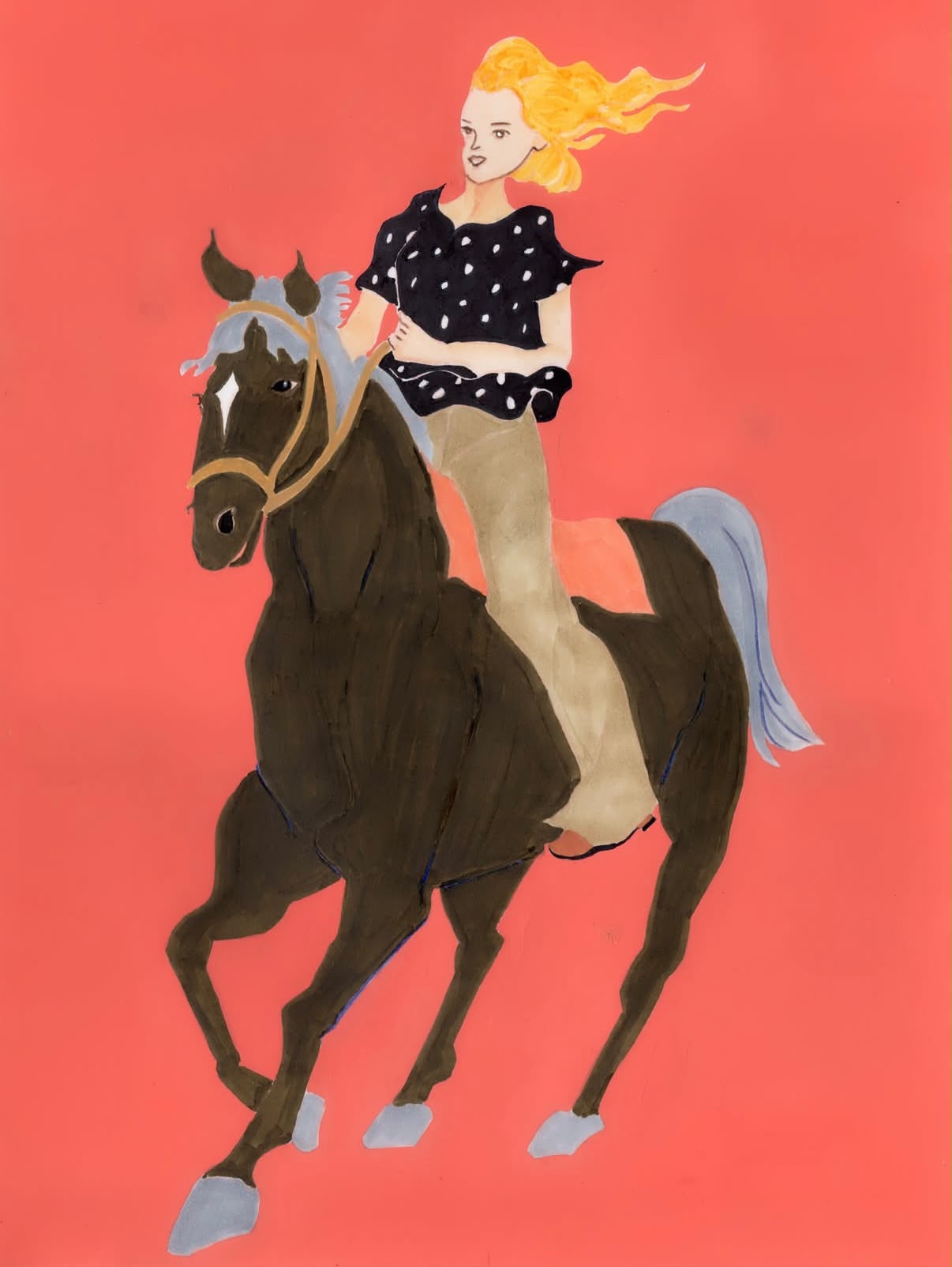 A rider on a dark horse against a coral background