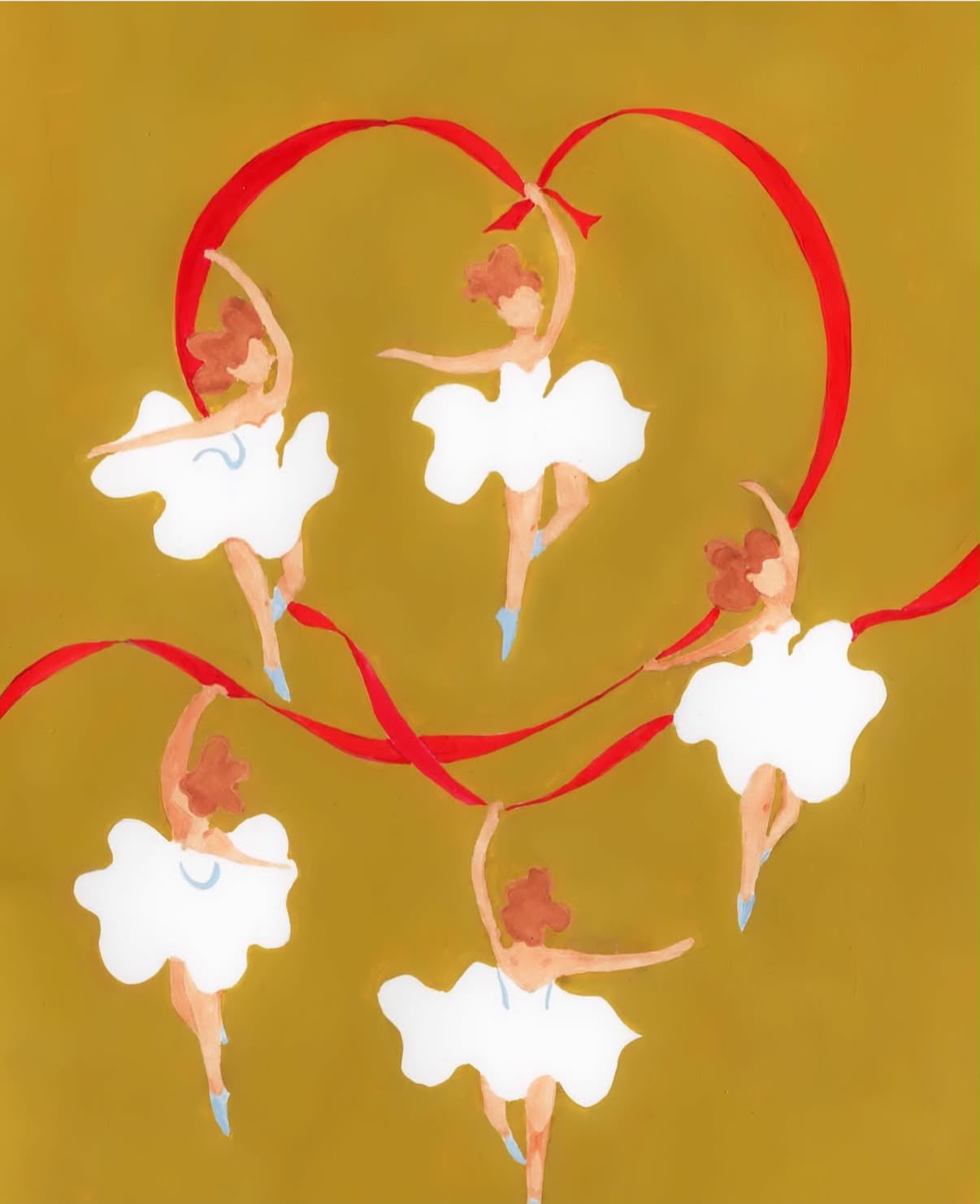 Dancers in white dresses moving along red ribbons on a gold ground