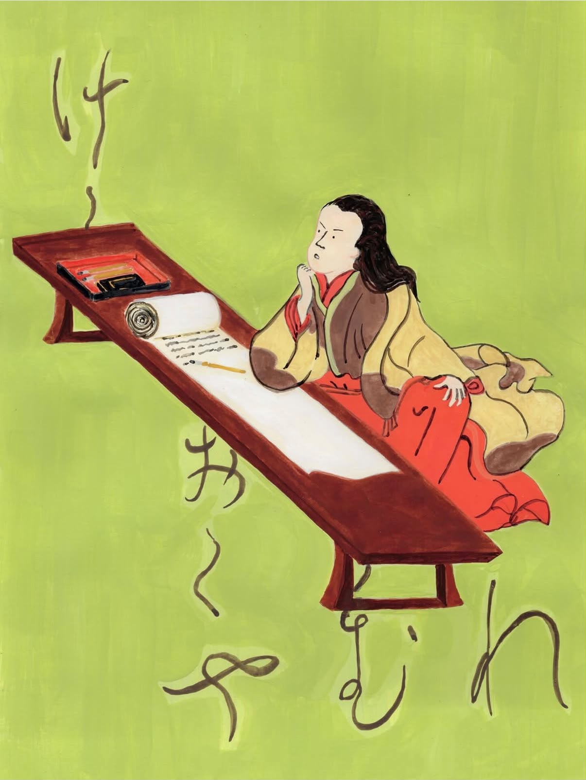 A seated figure writing at a low table with expressive calligraphy around them
